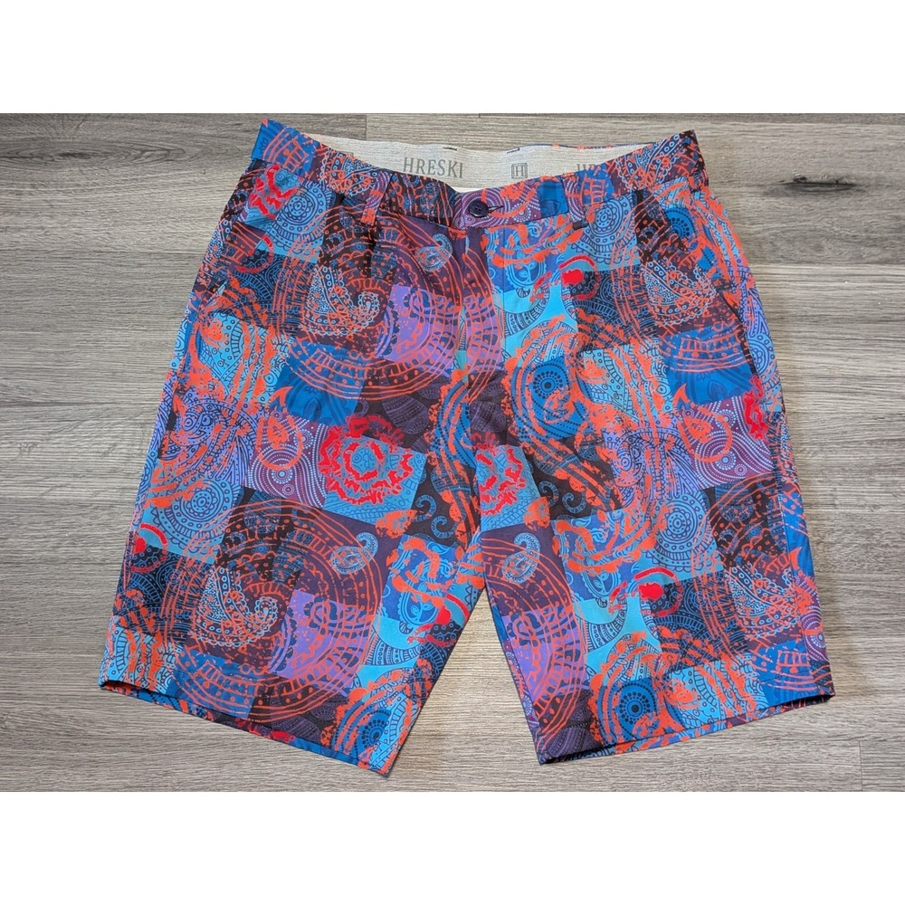 Hreski Men's Purple Multicolor Checked Paisley Print Golf‎ Short Size 34x10